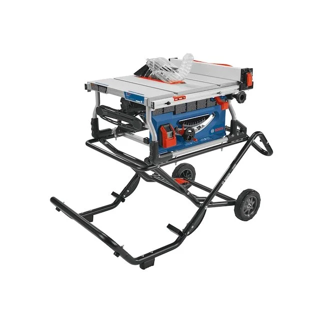 Bosch 10 inch portable jobsite table saw mounted on a foldable rolling stand on sale at Lowes