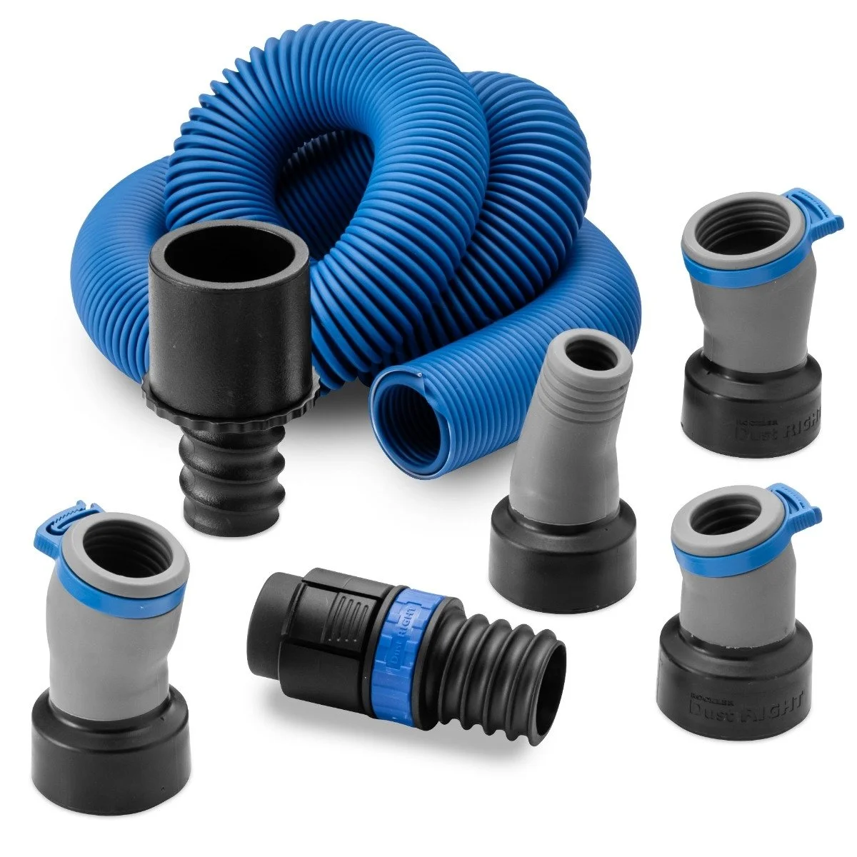 Rockler Dust Right FlexiPort power tool hose kit with Click-Connect adapter and four swiveling ports plus expandable 3 foot to 12 foot blue hose on sale for $34.99