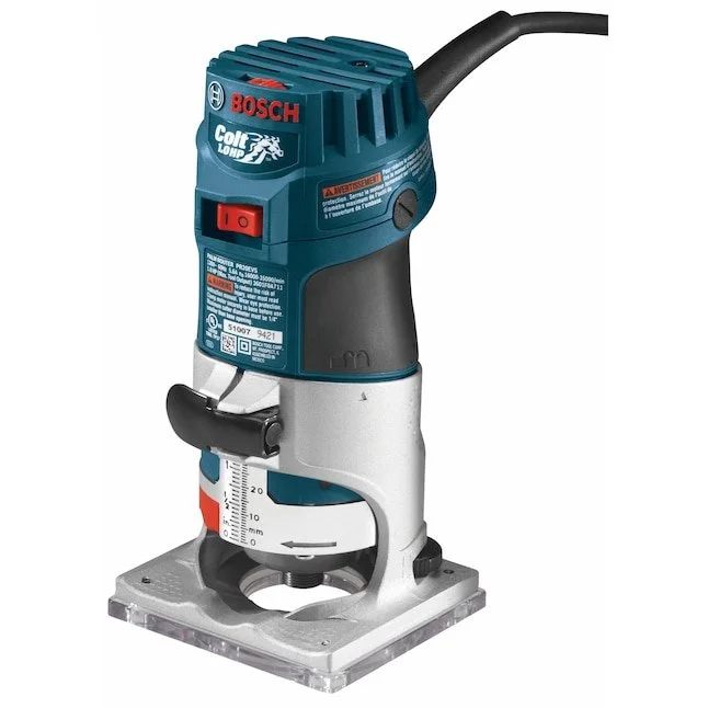 Bosch 1/4 inch 5.6 Amp 1 HP Variable Speed Fixed Palm Router showing the rugged aluminum base and speed dial.