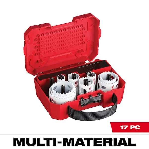 Milwaukee Hole Dozer 17 Piece Bi Metal Hole Saw Set in a hard carrying case showing various sizes of white hole saws with red Rip Guard teeth
