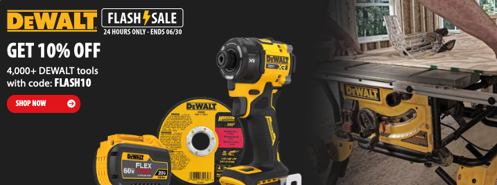 Save 10% on select DEWALT tools at Acme Tools with promo code FLASH10 at checkout, today only deal