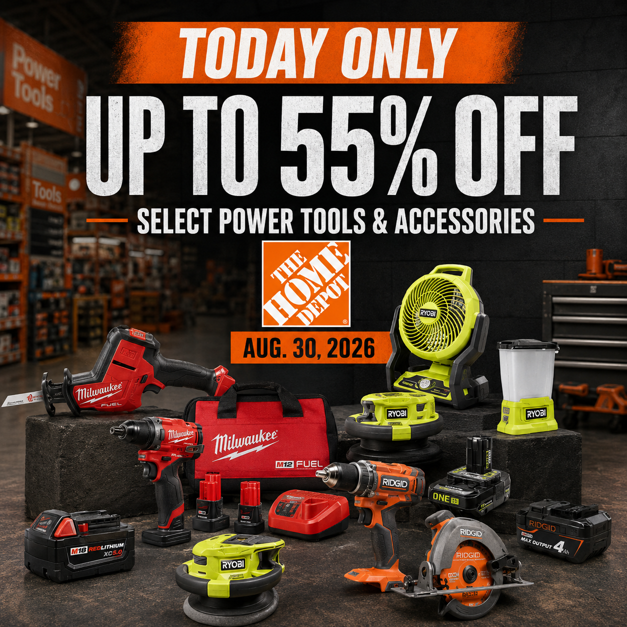 Select power tools and accessories on sale from Milwaukee RYOBI RIDGID and DeWALT