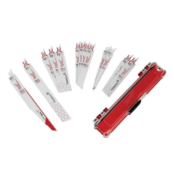Milwaukee SAWZALL 13 piece bi metal reciprocating saw blade set inside its red durable jobsite storage case.