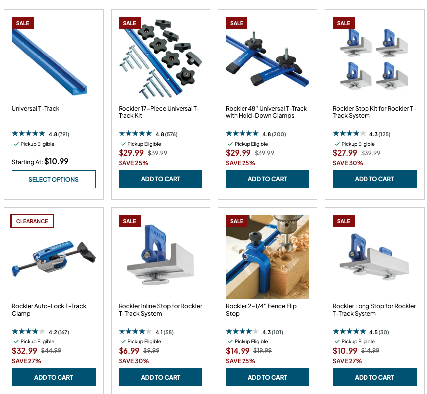 Rockler blue anodized T Track and various silver T Track accessories including hold down clamps and knobs.