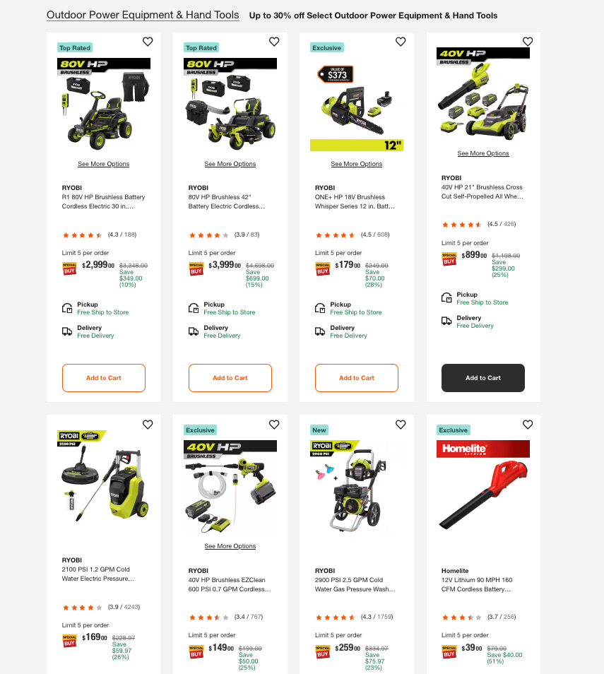 RYOBI cordless outdoor power tools at The Home Depot including 18V ONE+ and 40V battery powered lawn mower, string trimmer, leaf blower, and chainsaw