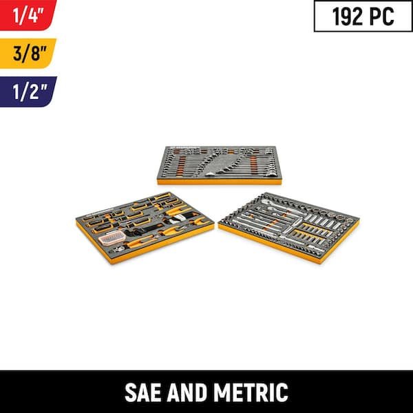 GEARWRENCH 120XP 1/4 in., 3/8 in., 1/2 in. Drive Plier and Mechanics Tool Set in EVA Foam Trays 192 Piece on sale at Home Depot for $499, $160 off, featuring 120 tooth ratchets with 3 degree swing arc and blow molded storage case.