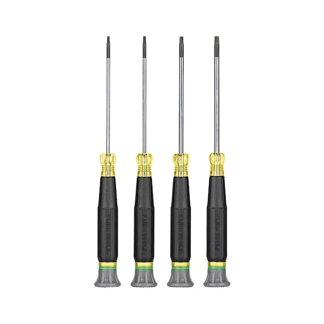 Klein Tools 4 piece precision screwdriver set with yellow and black cushion grip handles and tamperproof TORX bits.