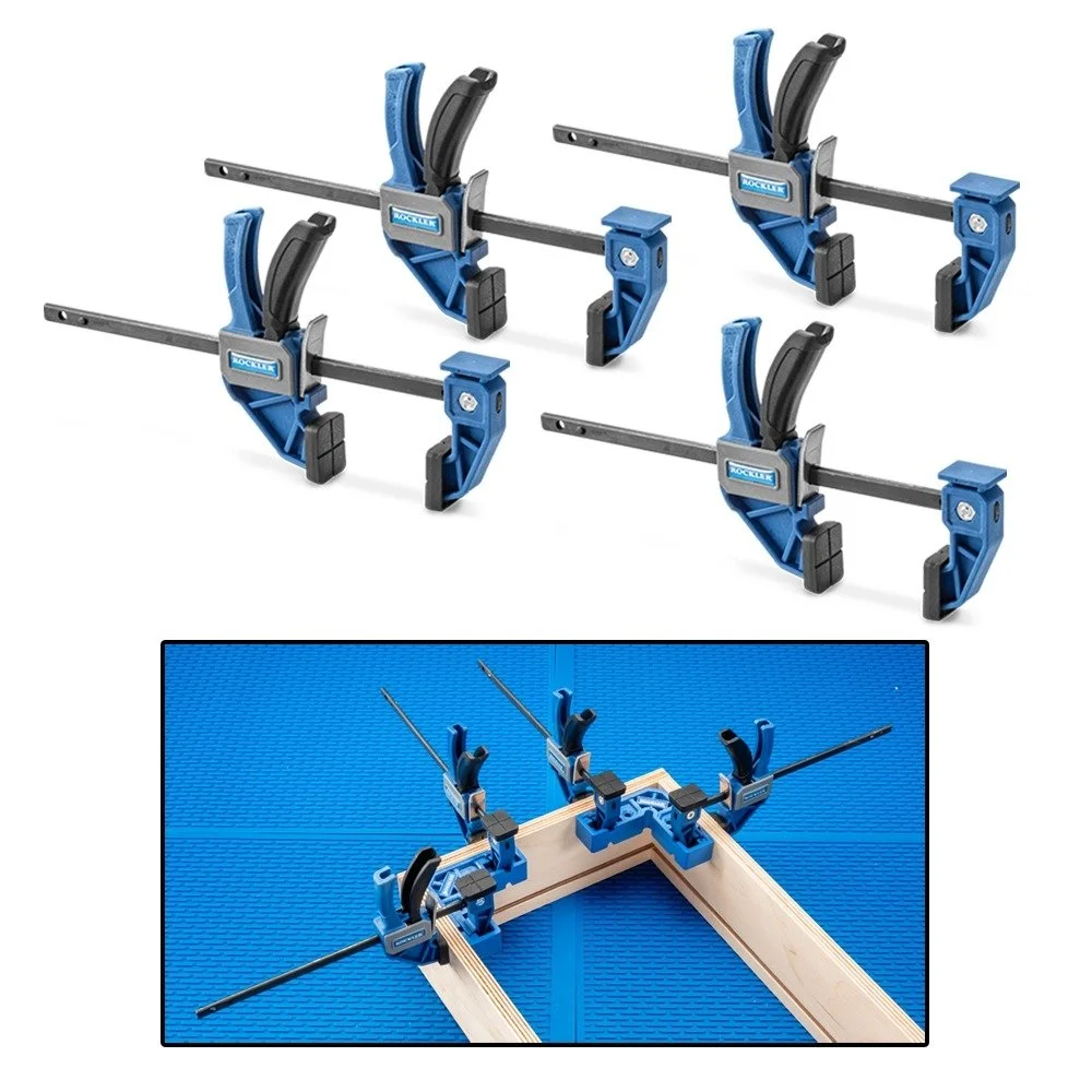 Rockler mini one handed bar clamps 4 pack with trigger grip and protective pads for small woodworking projects and jigs