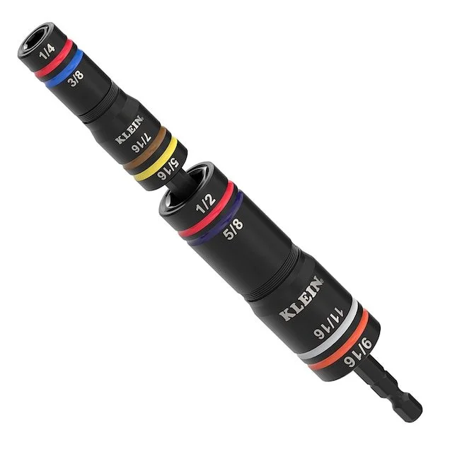 A professional Klein Tools socket set with a ratchet and various sized sockets in a black protective case.