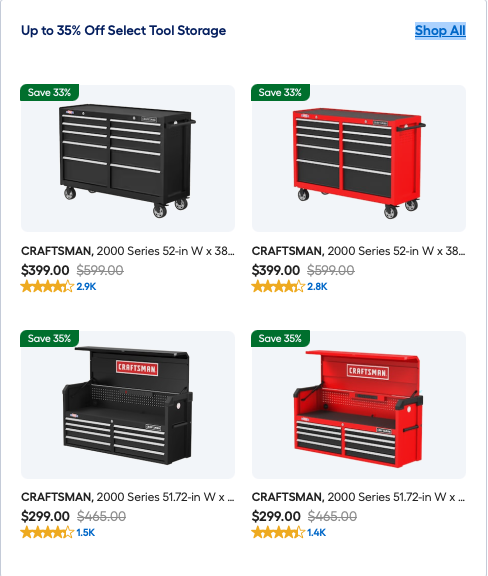 CRAFTSMAN S2000 52 inch 10 drawer rolling tool cabinet in red steel featuring soft close drawers and heavy duty casters for garage organization.