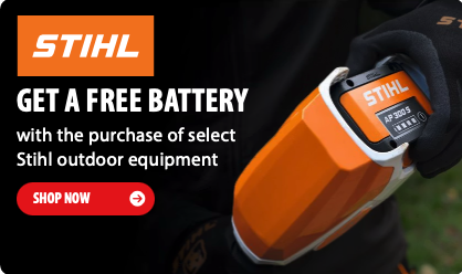 Free STIHL 36V 7.2Ah Battery promotion showing the battery alongside qualifying outdoor power equipment
