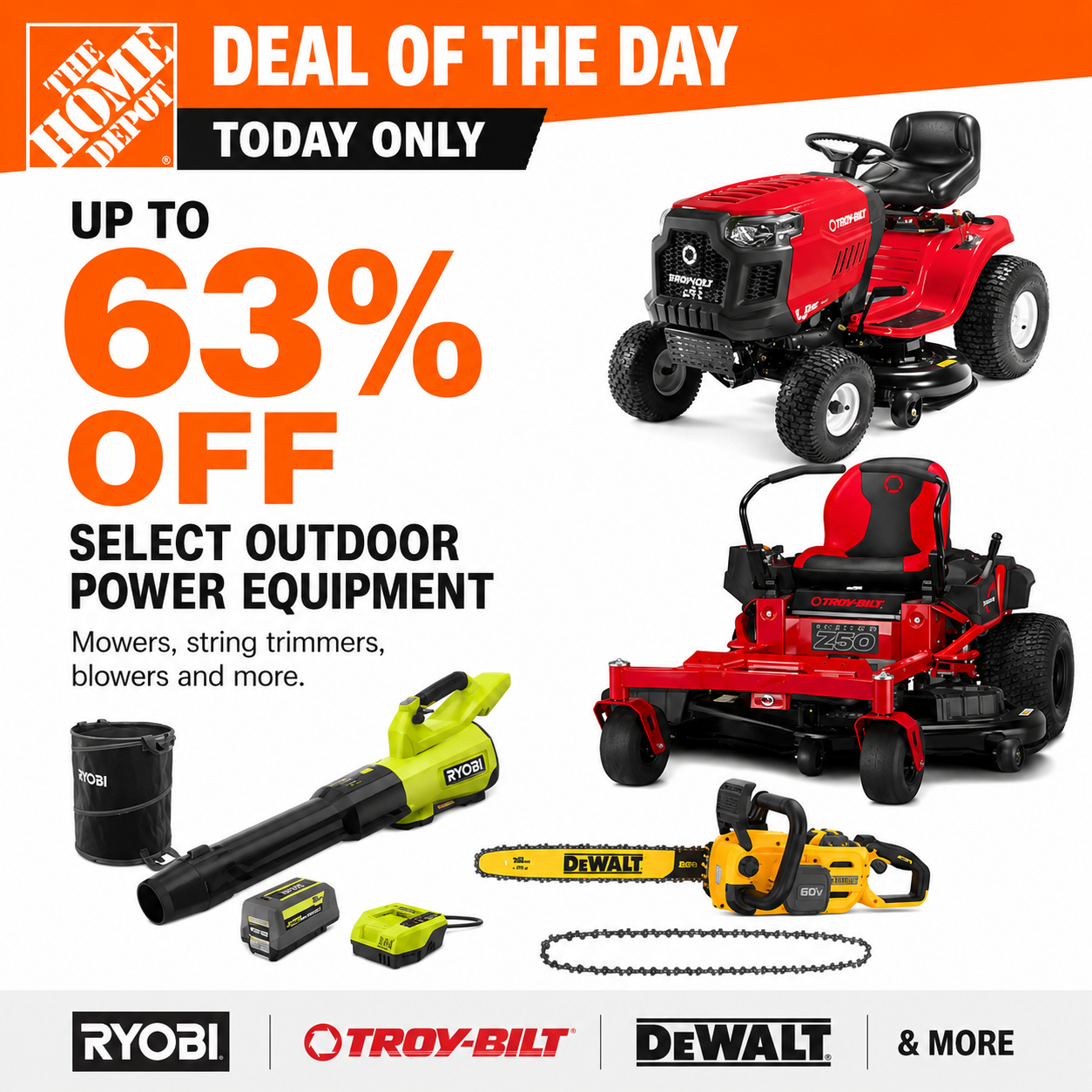 Assorted outdoor power equipment from Ryobi Dewalt and Troy Bilt on display at The Home Depot