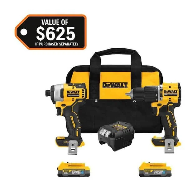 DeWalt 20V MAX brushless hammer drill and impact driver with two 1.7Ah POWERSTACK batteries and a charger in a black contractor bag