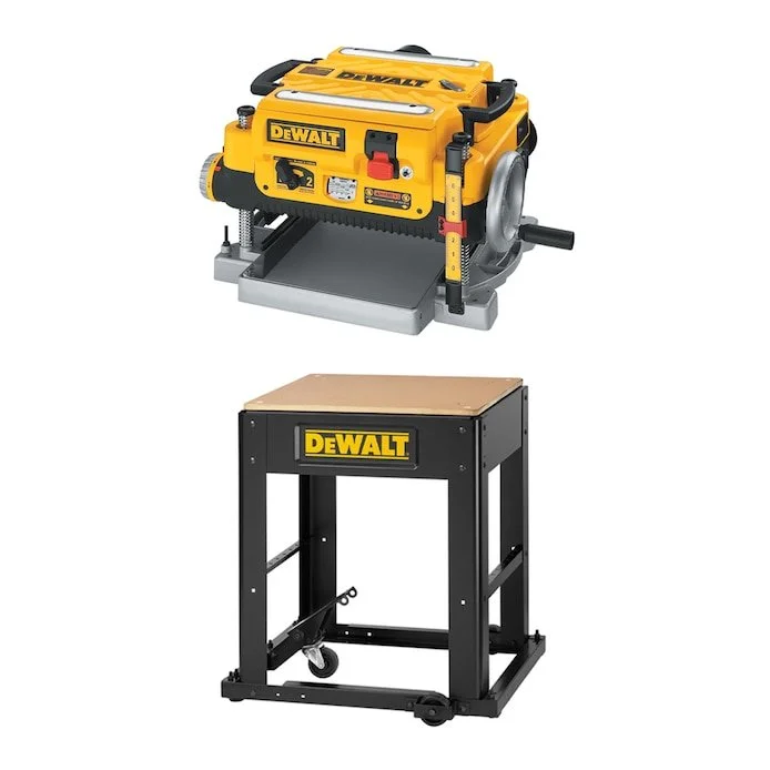 DEWALT DW735 13 inch Benchtop Planer mounted on a mobile base ready for woodworking projects