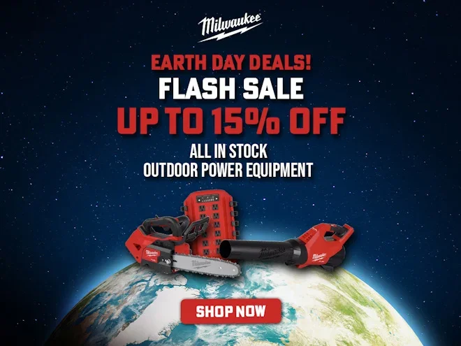 Milwaukee M18 FUEL cordless outdoor power equipment including a leaf blower and string trimmer on a green lawn.