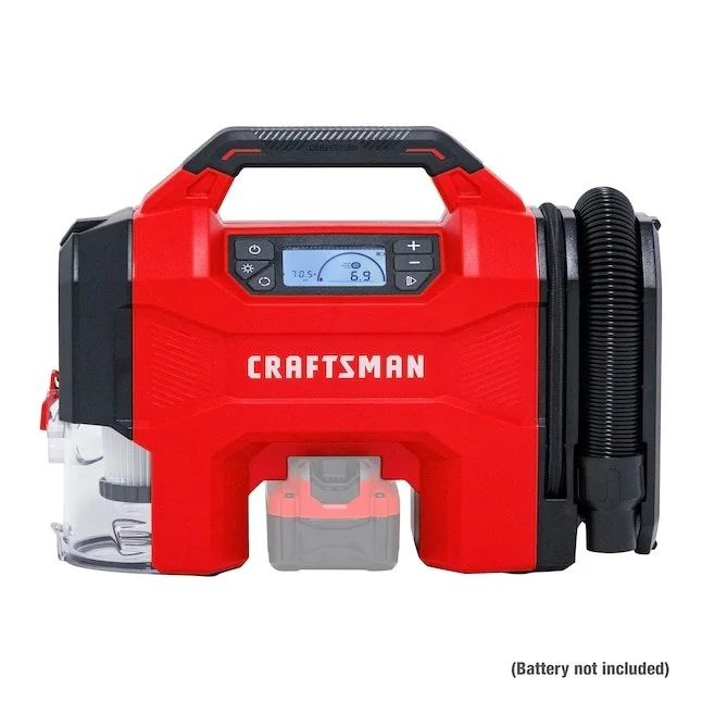 Craftsman V20 20V cordless 3 in 1 air inflator and vacuum in red and black showing the digital PSI display and onboard hose storage.