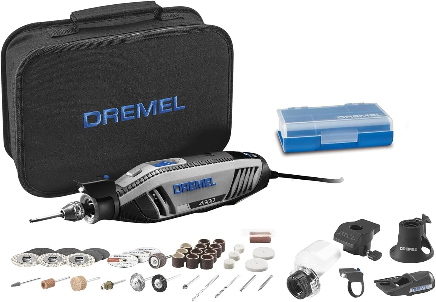 Dremel 4300 high performance cordless style rotary tool kit with the pivot light attachment plus various grinding cutting and sanding accessories laid out next to a black storage bag