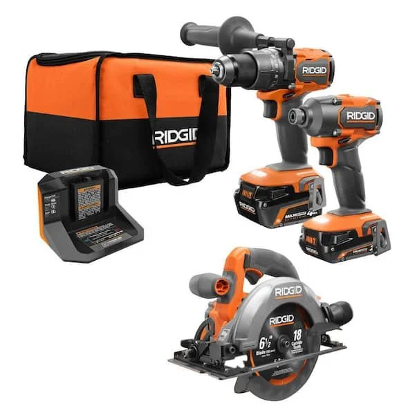 RIDGID 18V Brushless 2 Tool Combo Kit with hammer drill, impact driver, batteries, charger, bag, and free SubCompact 6 1/2 inch circular saw on sale for $169 at The Home Depot