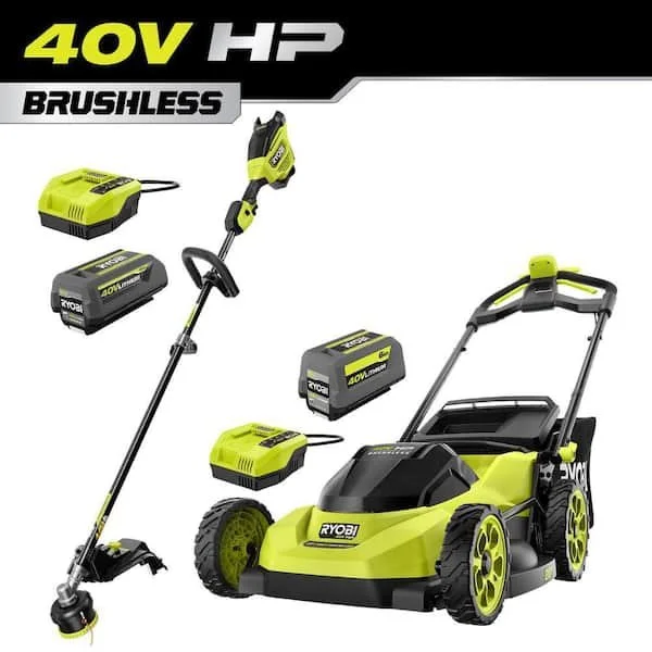 RYOBI 40V HP Brushless 20 inch Self Propelled Cordless Lawn Mower and 17 inch String Trimmer combo with 2 batteries and 2 chargers on sale for $499 at The Home Depot.