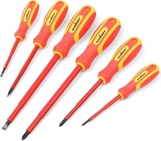 Horusdy six piece 1000V insulated precision screwdriver set on sale for $11.99 showing the red insulated shafts and comfortable black and red cushion grip handles.