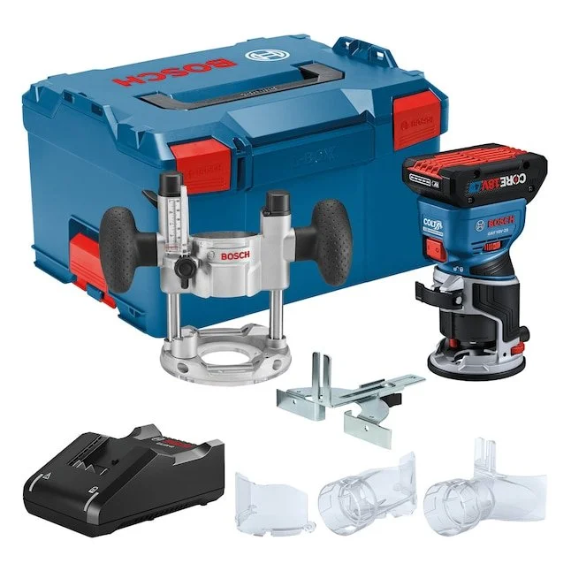 Bosch brushless 18V variable speed combo fixed and plunge router shown with the included 15 piece router bit set in a protective case.