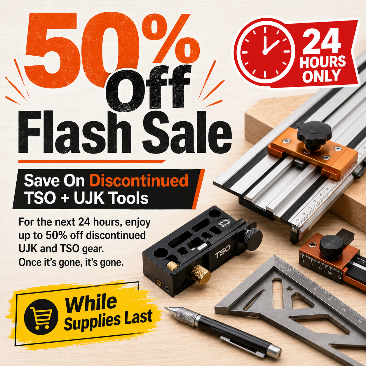 A selection of precision TSO guide rail accessories and UJK woodworking tools displayed on a workbench.