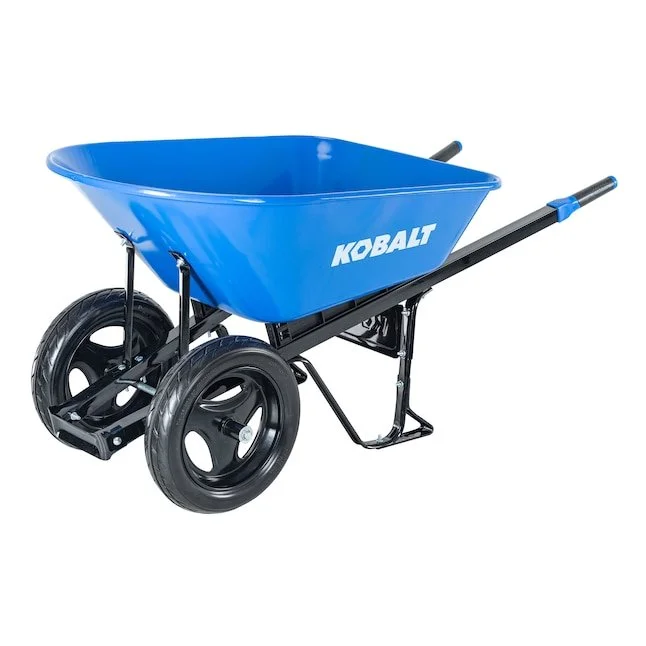 Kobalt 7 cubic foot blue steel tray 2 wheel push wheelbarrow with dual flat free tires and steel handles.