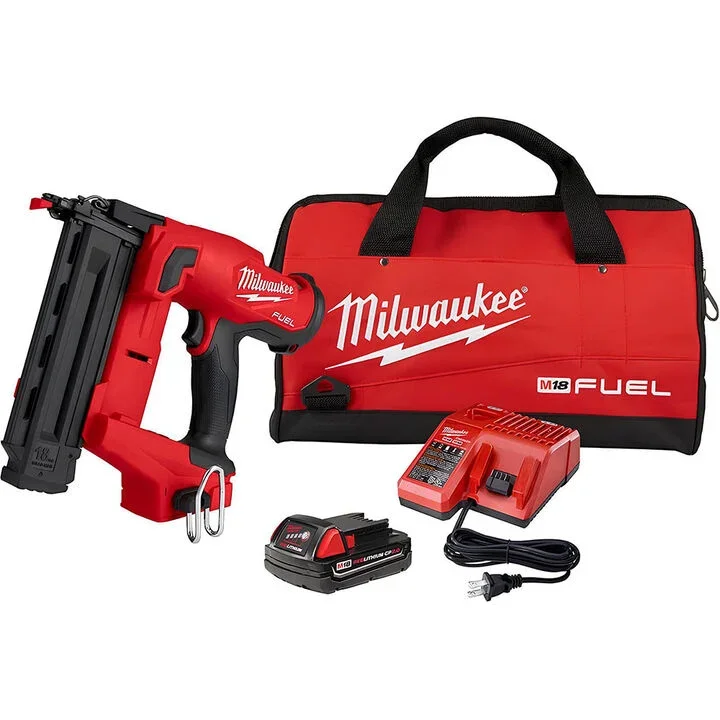 Milwaukee M18 FUEL 18 gauge cordless brad nailer kit with a red lithium battery pack charger and carrying contractor bag on sale at Acme Tools
