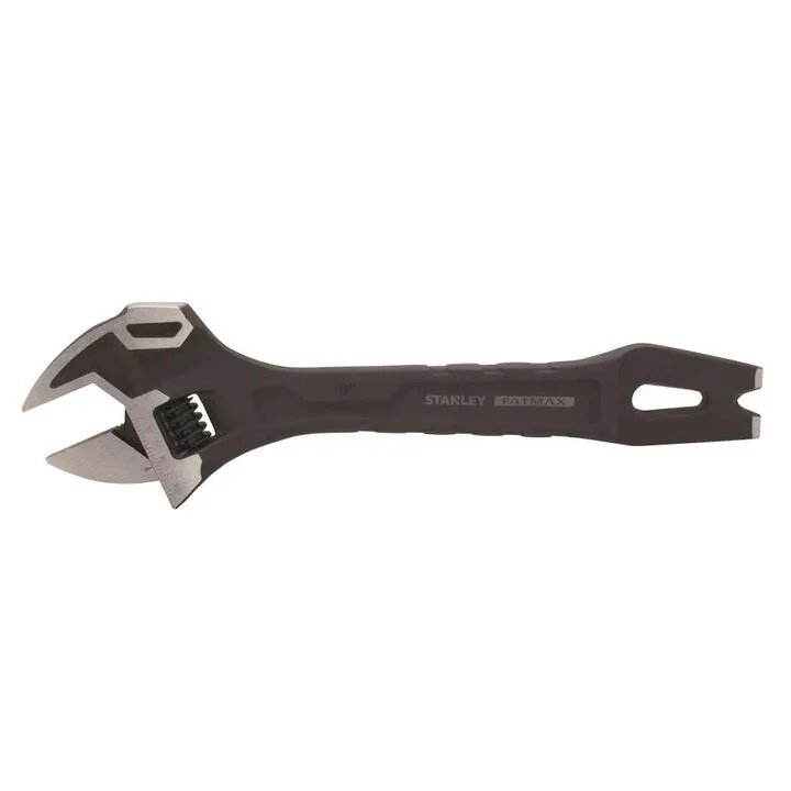 Stanley 10 inch adjustable demolition wrench featuring a heavy duty strike face and integrated pry bar handle.