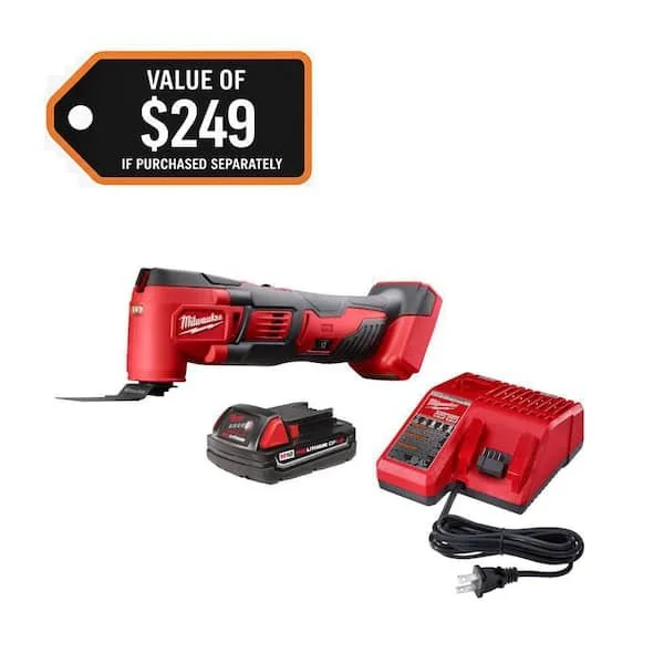 Milwaukee M18 cordless oscillating multi tool kit with 1.5 Ah battery, charger, and wood cutting blade accessories.