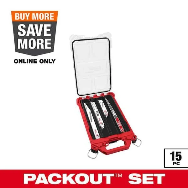 Milwaukee PACKOUT SAWZALL Reciprocating Saw Blade Set 15 pack with carbide pruning blade on sale at Home Depot for $43.99