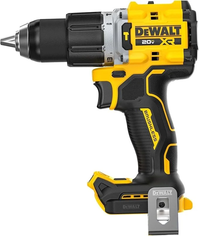 DEWALT 20V MAX XR Brushless Cordless 1/2 inch Hammer Drill bare tool resting on a clean white background
