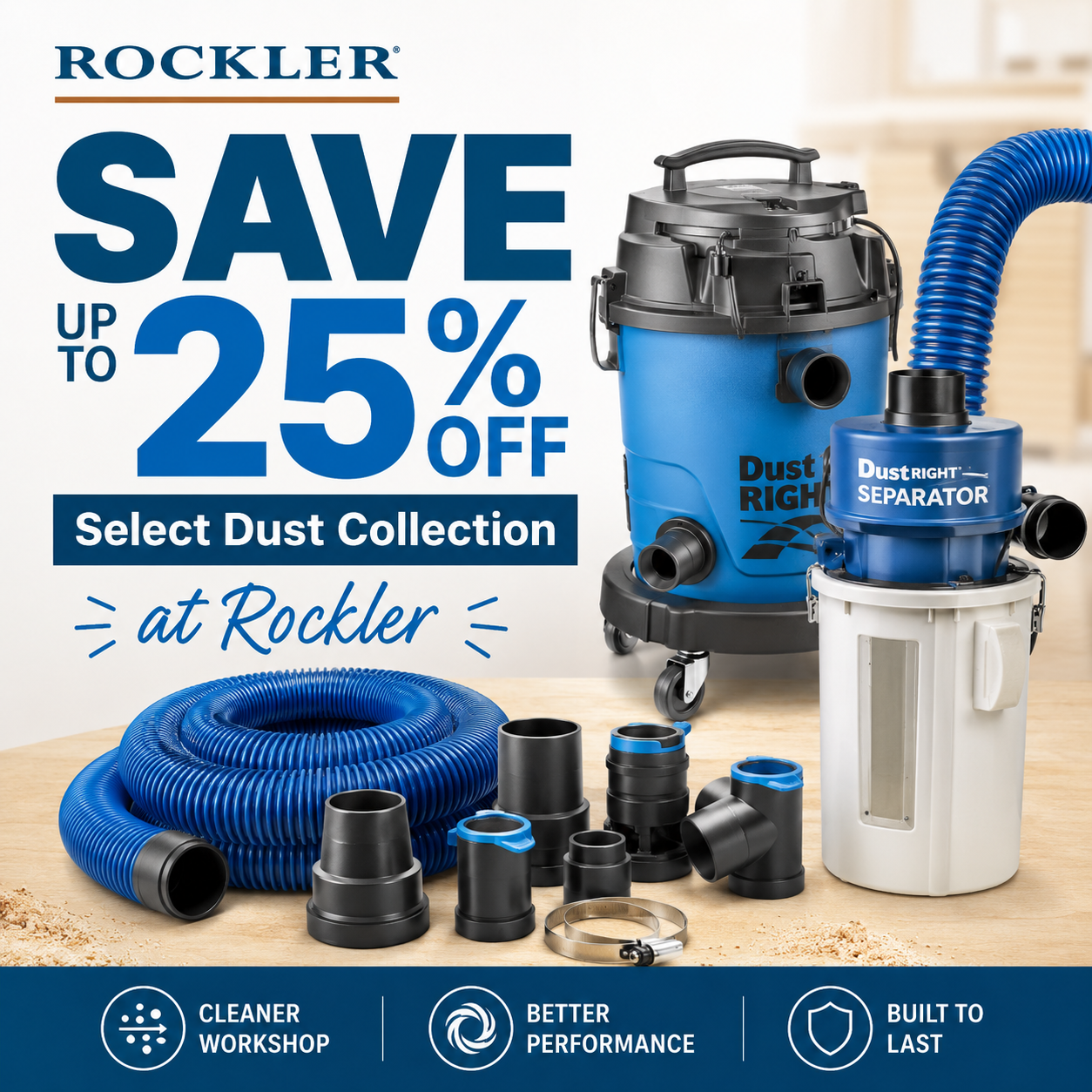 Rockler dust collection accessories including expandable blue dust hoses quick change tool ports blast gates and fittings on a workshop table.