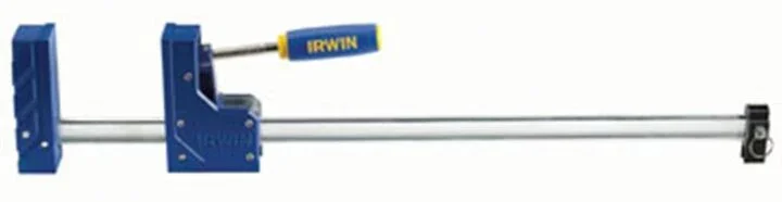 Irwin 24 inch parallel jaw box clamp with blue and yellow resin jaws and a large ergonomic handle.