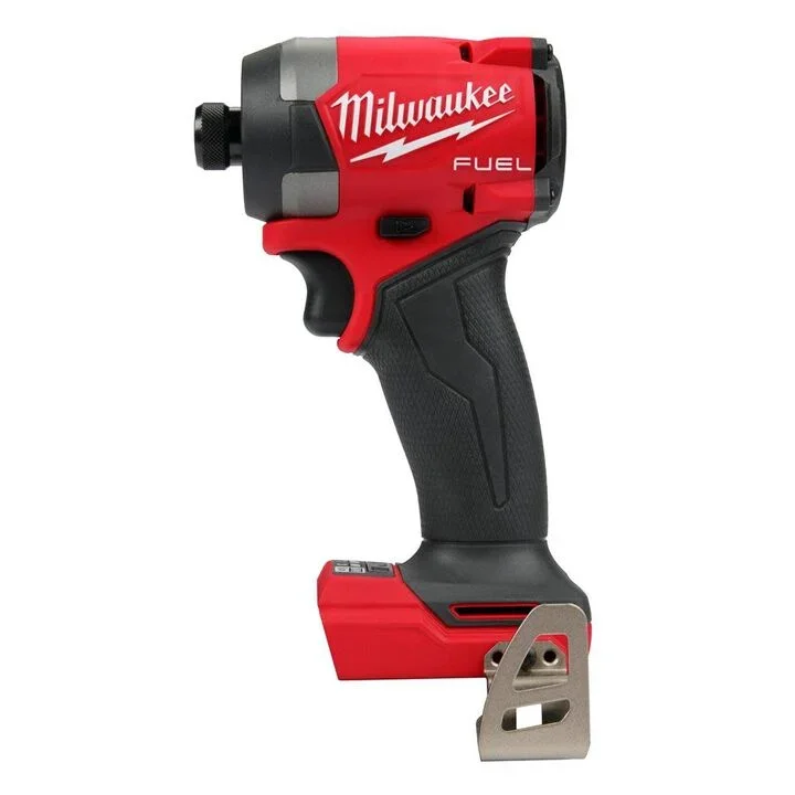 Milwaukee M18 FUEL 1/4 inch hex impact driver bare tool with brushless motor and tri LED lights on a white background.