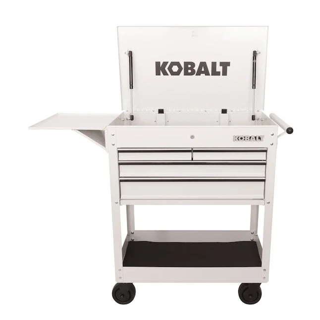 Kobalt 35 in W x 37.5 in H white 4 drawer steel rolling tool cabinet with locking lid and caster wheels on sale at Lowe's for $199.