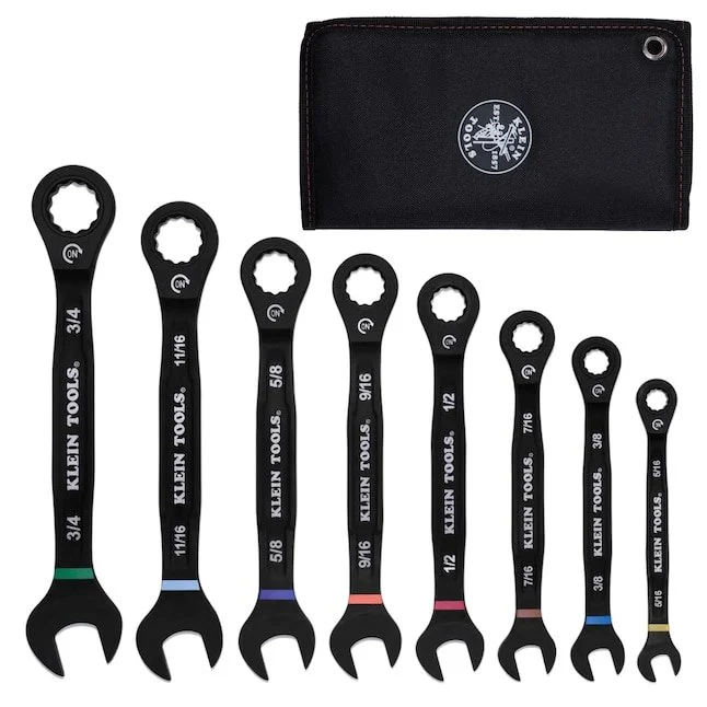 Klein Tools 8 piece SAE ratcheting combination wrench set with 90 tooth ratchet and roll pouch on sale today only at Lowe's