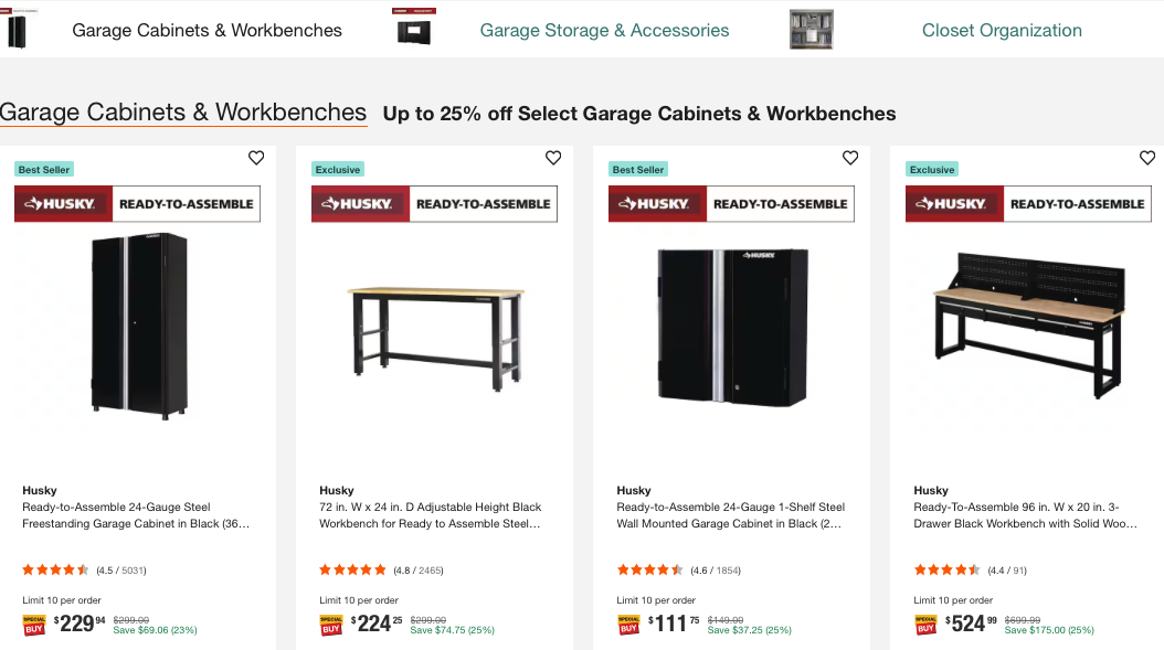 Home Depot garage cabinets, wall storage accessories, and workbench setup on sale for 25% off in an organized garage shop