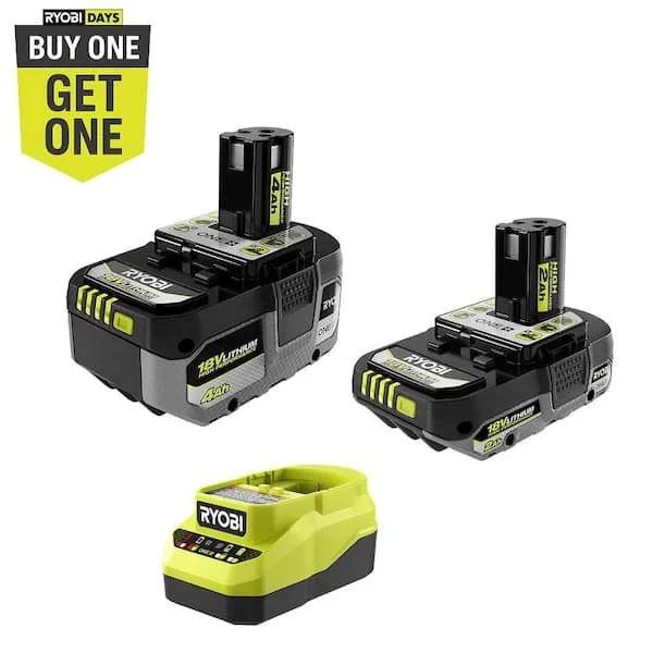 RYOBI ONE+ 18V Lithium Ion Starter Kit with 4.0 Ah battery, 2.0 Ah battery, and charger on sale 57% off at The Home Depot with a free select bare tool included