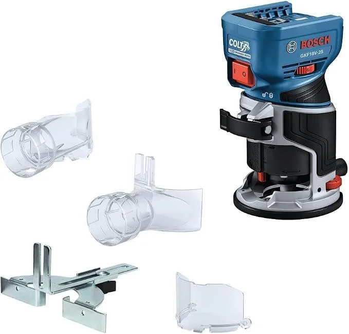 Bosch GKF18V-25N 18V cordless brushless palm router with depth adjustment and dust extraction adapter