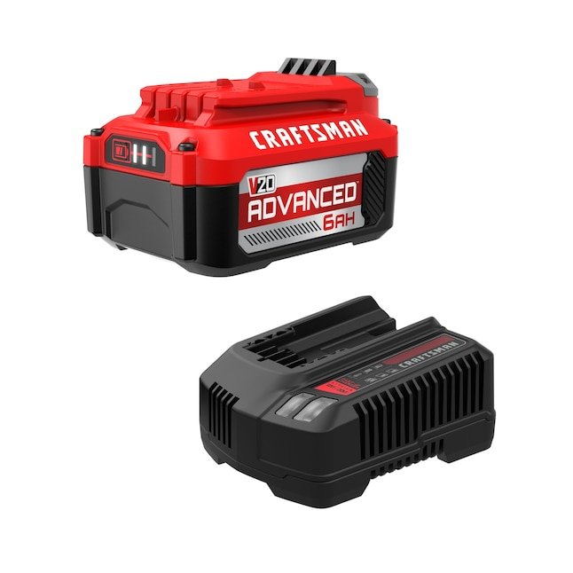 CRAFTSMAN V20 6Ah lithium ion advanced battery pack shown next to its compatible charger on a white background.