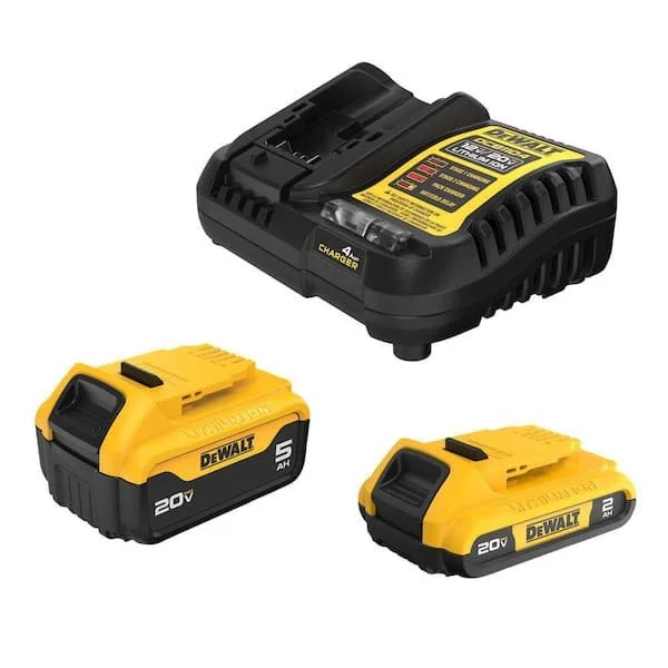 DEWALT 20V MAX battery kit featuring one 5.0Ah battery one 2.0Ah battery and a charger on sale for $100.