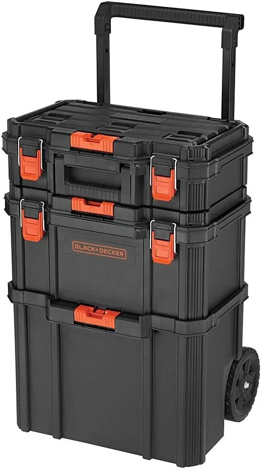 BLACK+DECKER BDST60500APB stackable storage system 3 piece set with small toolbox, deep toolbox, and rolling tote on sale for $82.79 on Amazon.