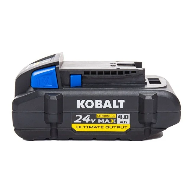 Kobalt Ultimate Output 24 volt 4 Ah lithium ion cordless tool battery sitting next to a bonus 2 Ah battery and charging station