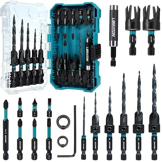 LIBRATON 19 piece tapered countersink drill bit set with wood plug cutters, depth stop rings, screwdriver bits, extendable magnetic bit holder, and storage case