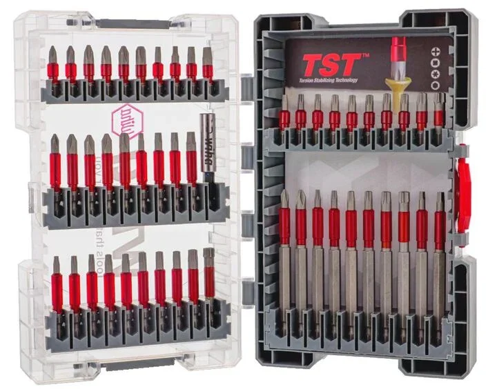 Wiha 50 Piece MaxxTor Impact Bit Set with various Phillips Square and Torx bits in a red and black durable storage case.