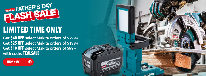 Makita TEALSALE promo banner at Acme Tools showing up to $40 off select Makita orders with code TEALSALE