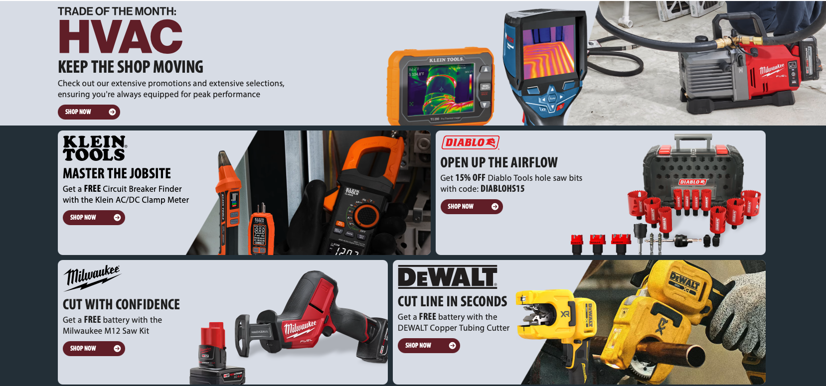 Selection of professional HVAC tools from Milwaukee DEWALT and Klein highlighting the Acme Tools trade of the month sale