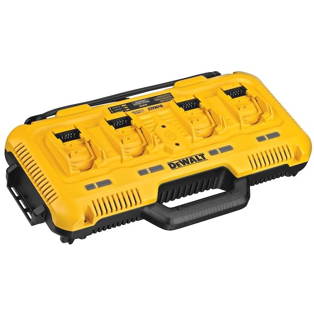 DEWALT 20 Volt 4 Port Battery Charger [VERIFY model number] charging multiple lithium ion batteries on a workbench