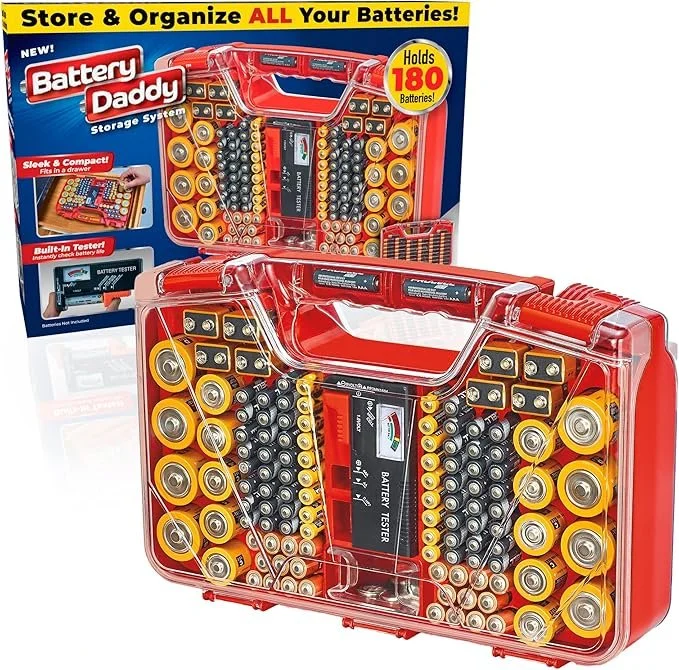 Ontel Battery Daddy red battery storage organizer case with clear locking lid and battery tester